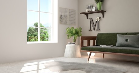 Idea of white room with sofa and summer landscape in window. Scandinavian interior design. 3D illustration