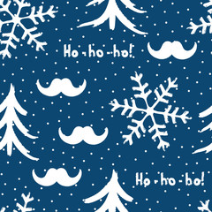 New Year seamless pattern. Santa Claus mustache, Christmas trees, snowflakes and text Ho-ho-ho! Painted by rough brush. Sketch, watercolor, grunge, graffiti.
