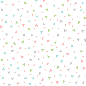 Colored seamless pattern with repeating triangles and round spots. Drawn by hand. © Anne Punch