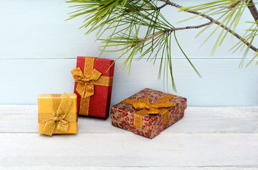 Christmas presents on wooden background
