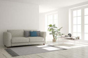 Idea of white minimalist room with sofa. Scandinavian interior design. 3D illustration