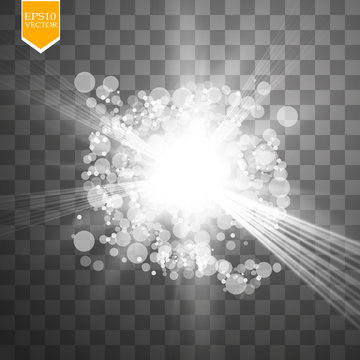 Abstract white bokeh effect explosion with sparks modern design. Glow star burst or firework light effect. Sparkles light vector transparent background. Christmas Concept.