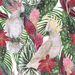 Watercolor painting seamless pattern with tropical leaves, flowers and cockatoo parrots © ramiia