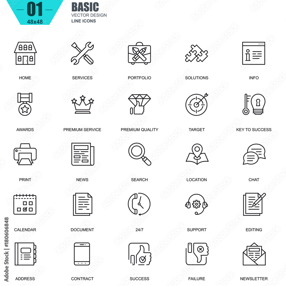 Poster thin line basic icons set for website and mobile site and apps. contains such icons as portfolio, se