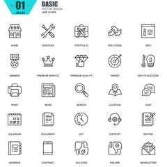 Thin line basic icons set for website and mobile site and apps. Contains such Icons as Portfolio, Services, Target, Awards, Support. 48x48 Pixel Perfect. Editable Stroke. Vector illustration.