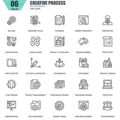 Thin line creative process and project workflow icons set for website and mobile site and apps. Contains such Icons as Inspiration, Big Idea. 48x48 Pixel Perfect. Editable Stroke. Vector illustration.
