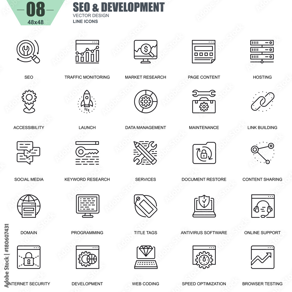 Poster thin line seo and development icons set for website and mobile site and apps. contains such icons as