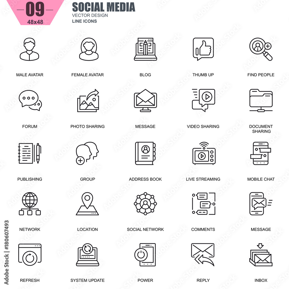 Fototapete Thin line internet marketing and social network icons set for website and mobile site and apps. Contains such Icons as Avatar, Forum, Chat. 48x48 Pixel Perfect. Editable Stroke. Vector illustration.