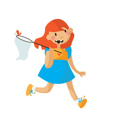 Little girl running in a bright dress with scoop-net and butterfly. Isolated flat vector illustration