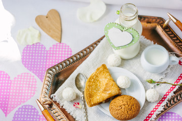 Breakfast in bed on Valentine's day in hotel