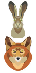 illustration of fox head and hare head on white background