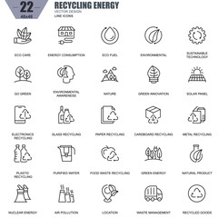 Thin line recycling, environmental protection, eco care icons set for website and mobile site apps. Contains such Icons as Eco, Innovation. 48x48 Pixel Perfect. Editable Stroke. Vector illustration.
