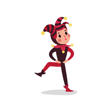 Joker flat cartoon character performing with leg up, arms akimbo. Jester or festival fool black and red wear.
