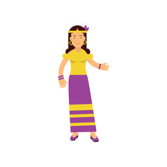 Flat cartoon woman hippie. Happy and carefree female with long brown hair, dressed in long purple skirt and yellow t-shirt.