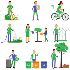 People volunteers cartoon characters contributing into environment preservation, flat style