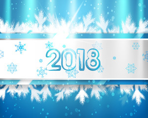 Naklejka na ściany i meble 2018 New Year with christmas tree branches and snowflakes on blue background. EPS vector illustration.