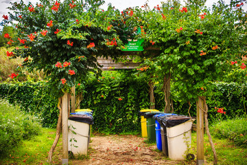 Trash cans for separate collection of garbage in park in summer. Rural scene in Barcelona, Spain....