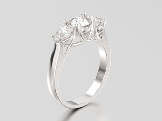 3D illustration white gold or silver three stone diamond ring