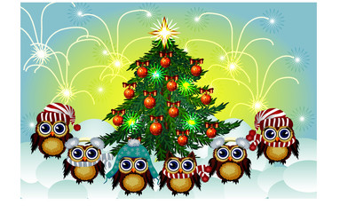 lovely brown owls in caps, scarves, warm headphones around the decorated with balls and the lights of a green Christmas tree against the background of snow and salute