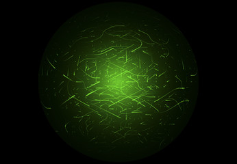 Glowing high energy particles flowing inside a sphere isolated over black background