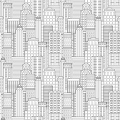 Seamless pattern abstract background of city landscape skyscrapers. Outline flat vector illustration for poster, banner, greeting card. Black and white