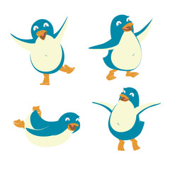 Set of funny penguins. Merry Christmas and Happy New Year greeting card, poster, flyer, banner design elements. Flat style vector illustration