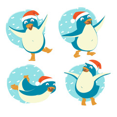 Set of funny penguins wearing red Santa Claus hats. Merry Christmas and Happy New Year greeting card, poster, flyer, banner design elements. Flat style vector illustration