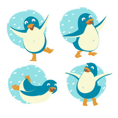 Set of funny penguins. Merry Christmas and Happy New Year greeting card, poster, flyer, banner design elements. Flat style vector illustration