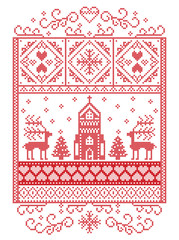 Elegant Merry Christmas Scandinavian, Nordic style winter pattern including snowflake, heart, reindeer, christmas tree, snow, snowflake, chapel in winter wonderland scenery,  in white and red
