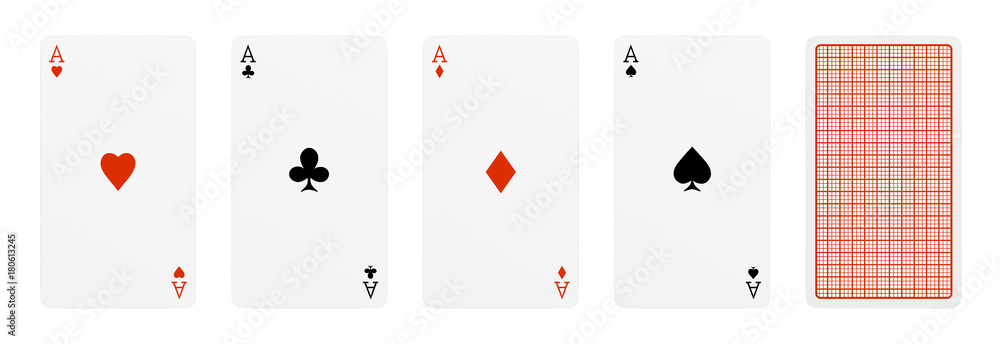 Poster 3d rendering of five playing cards, where four of them are different aces, and one card turned over.