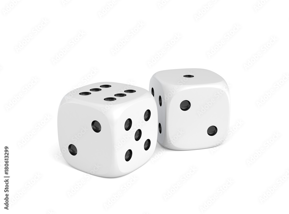 Poster 3d rendering of two white dice standing close to each other on a white background.