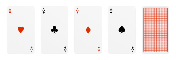 3d rendering of five playing cards, where four of them are different aces, and one card turned over. © gearstd