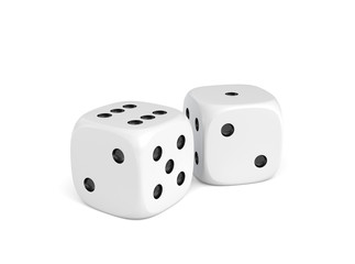 3d rendering of two white dice standing close to each other on a white background.