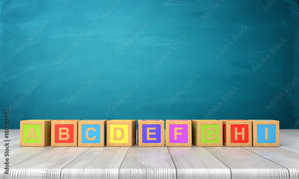 Aufkleber 3d rendering of a many colorful toy blocks with letters of the english alphabet in one long line on 