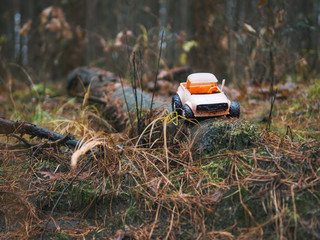 old broken toy car in the woods