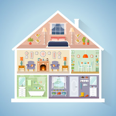 Vector house model in a cut. Rooms with furniture. Detailed interior in flat style.