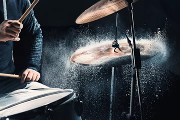 Deurstickers Drummer rehearsing on drums before rock concert. Man recording music on drum set in studio © master1305