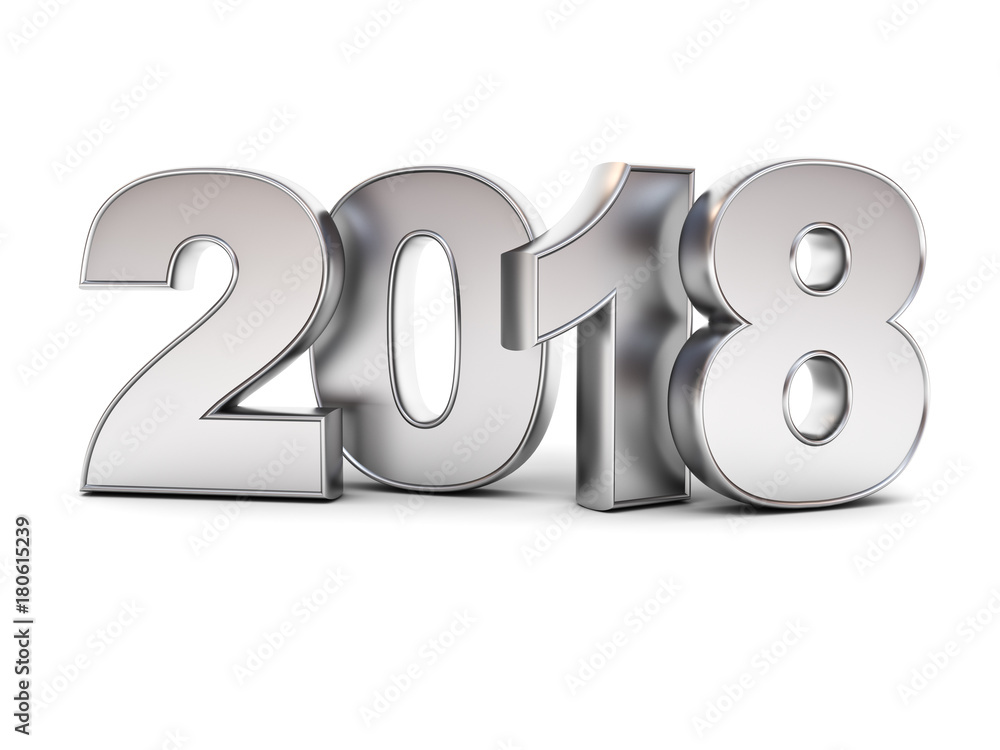 Poster Happy new year 2018 , 3D metal text isolated over white background with reflection and shadow. 3D rendering.