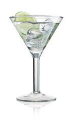 Glass of water with ice and slice of lime isolated on white background