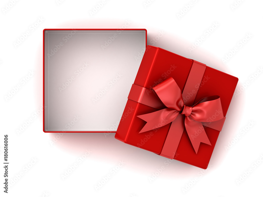 Aufkleber Open red gift box , Red present box with red ribbon bow and empty space in the box isolated on white background with shadow . 3D rendering.