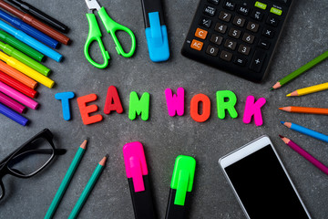 Office desktop with team work word