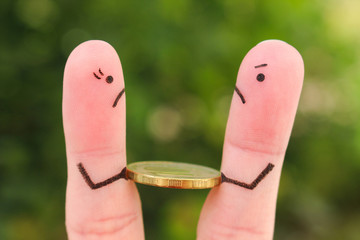 Fingers art of family during quarrel. Concept of man and woman cannot divide money after divorce.