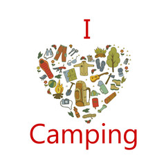 Set of hand drawn sketch camping equipment symbols and icons. Vector illustration.