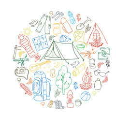 Set of hand drawn sketch camping equipment symbols and icons. Vector illustration.