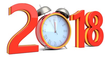Happy new year 2018 with clock on a white background 3D illustration