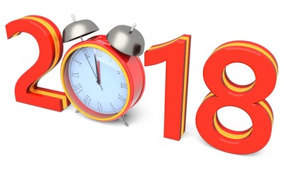 Happy new year 2018 with clock on a white background 3D illustration