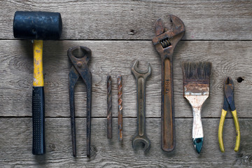 wrenches, drills, hammer, brush and other tools