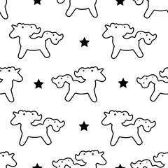 Unicorn pattern seamless vector background isolated on white.Vector pattern with cute unicorn.Magic wallpaper with little unicorns.Baby background. Black hand drawn mane