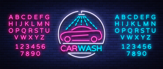 Naklejka premium Car wash logo design emblem in neon style vector illustration. Template, concept, luminous sign on the theme of washing cars. Editing text neon sign. Neon alphabet
