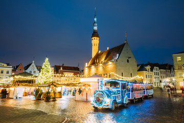 Tallinn, Estonia. Train For Sightseeing Near Traditional Christm